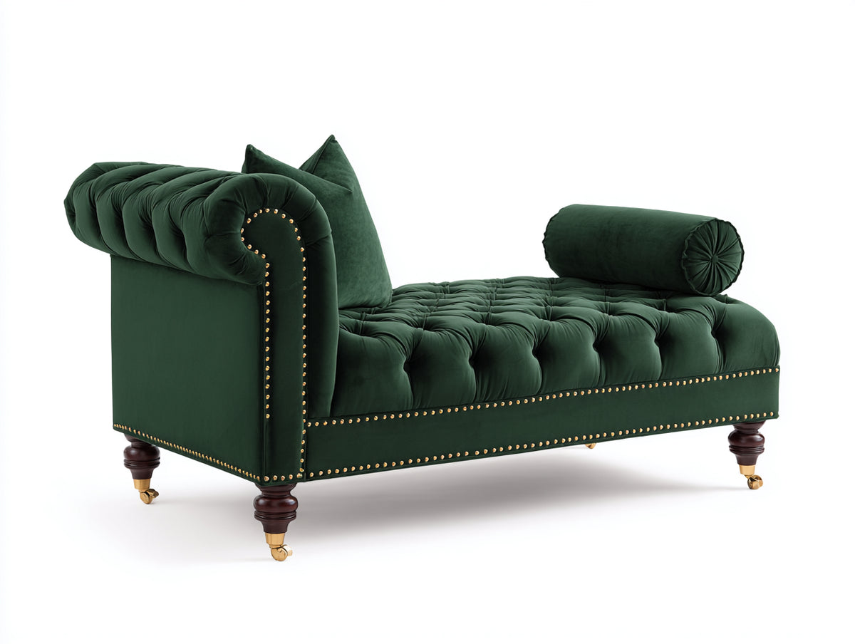 Chaise longue - tissu-bois-métal - 210x90x92 cm - vert foncé - style Chesterfield capitonné