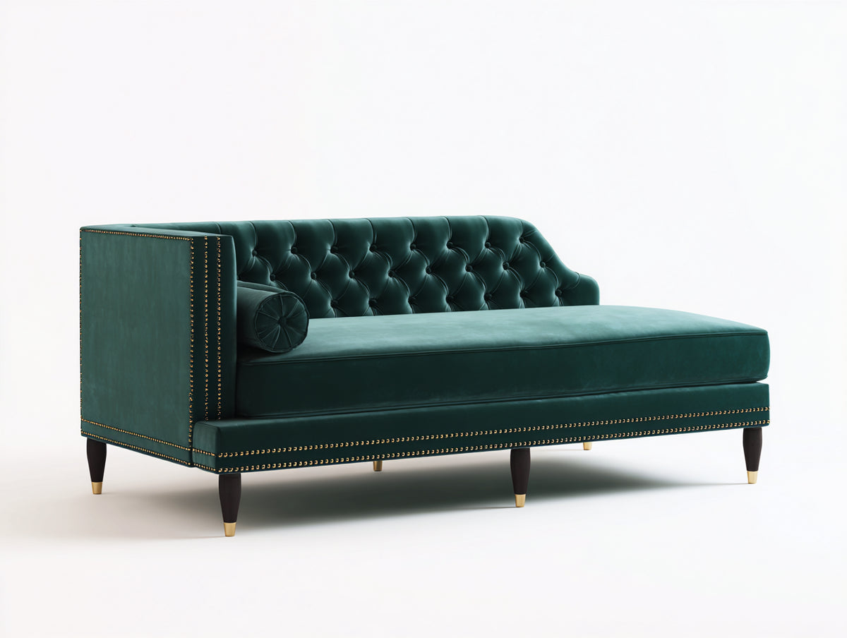 Chaise longue - tissu-métal-bois - 205x95x86 cm - vert foncé - style classique capitonné