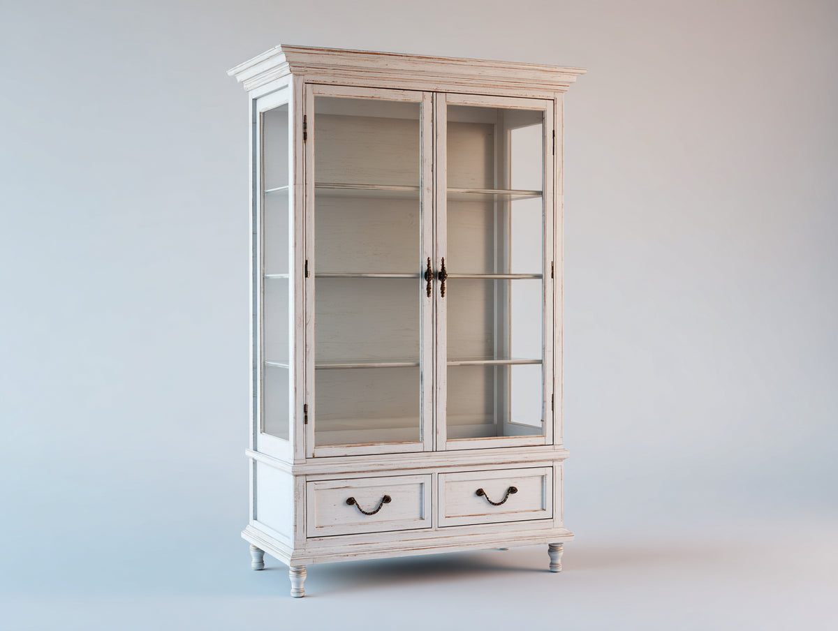 Vitrine - bois-verre - 105x46x185 cm - blanc cassé - style campagne vintage