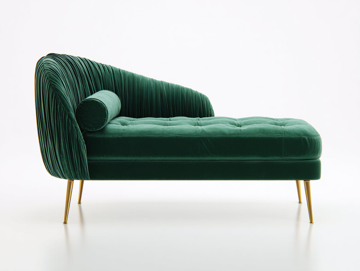 Chaise longue - tissu-métal - 198x88x84 cm - vert émeraude-doré - style contemporain plissé