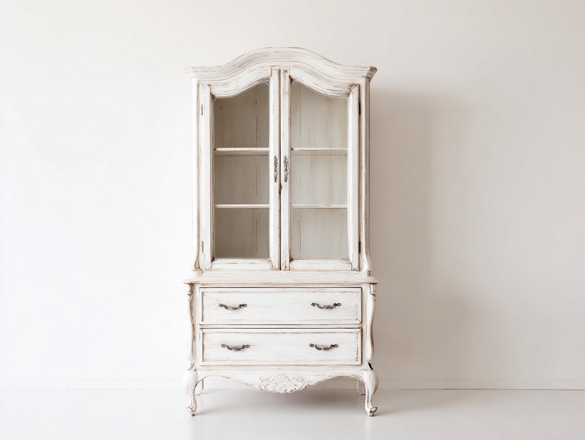 Vitrine - bois-verre - 98x45x188 cm - blanc cassé - style baroque vintage