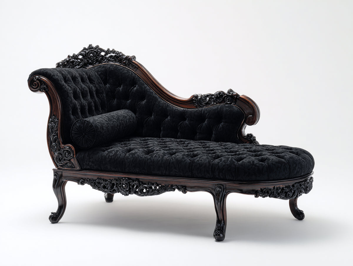 Chaise longue - tissu-bois - 214x91x109 cm - noir-brun foncé - style baroque sculpté